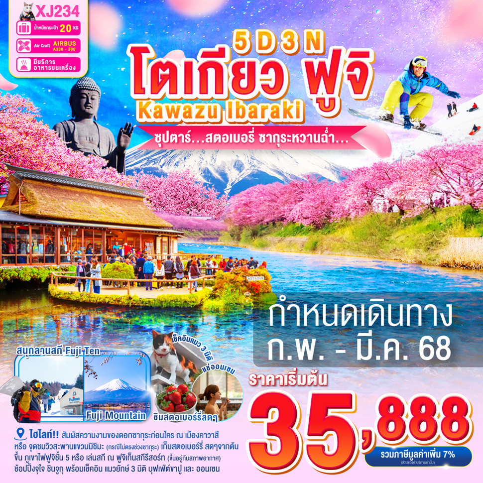 ทัวร์ญี่ปุ่น TOKYO KAWAZU FUJI IBARAKI ซุปตาร์ สตอเบอรี่ ซากุระหวานฉ่ำ 5วัน 3คืน (XJ)